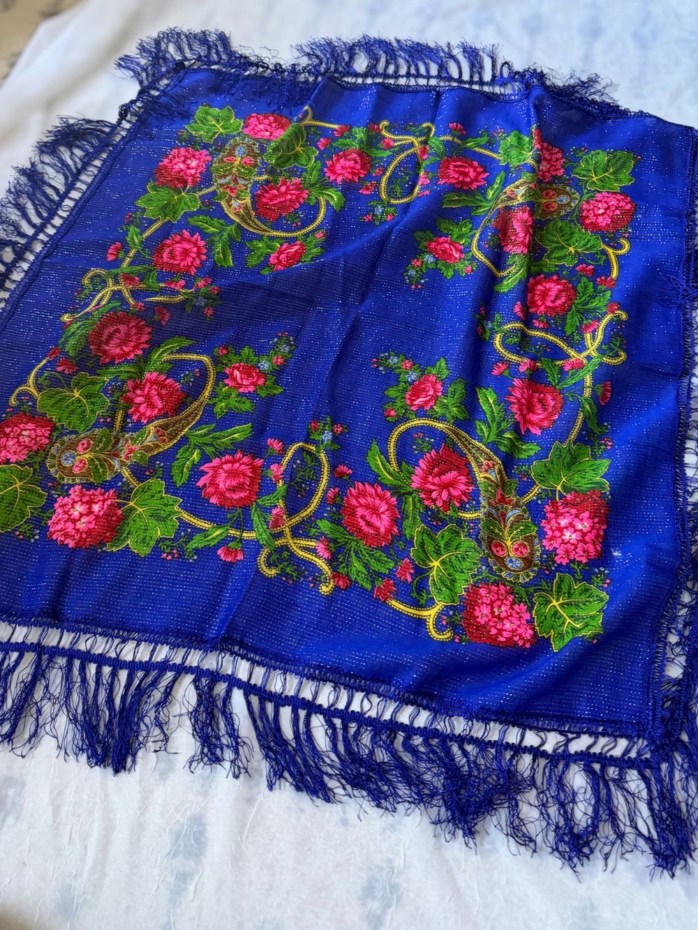 Vintage Vibrant Blue Floral Fringe Scarf with Pink Roses